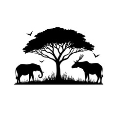 Illustration of forest animal under acacia tree clipart icon