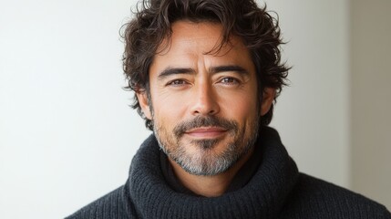 Obraz premium Portrait of a man in a dark turtleneck. Grey hairs visible in beard