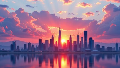 Sunset Over Cityscape Design a futuristic city skyline at sunset, with buildings outlined against a colorful sky and reflective waters.