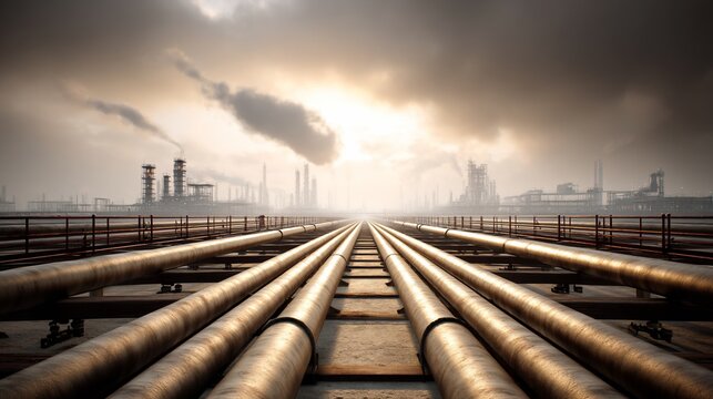 Industrial pipes leading to a hazy refinery under a dramatic sky