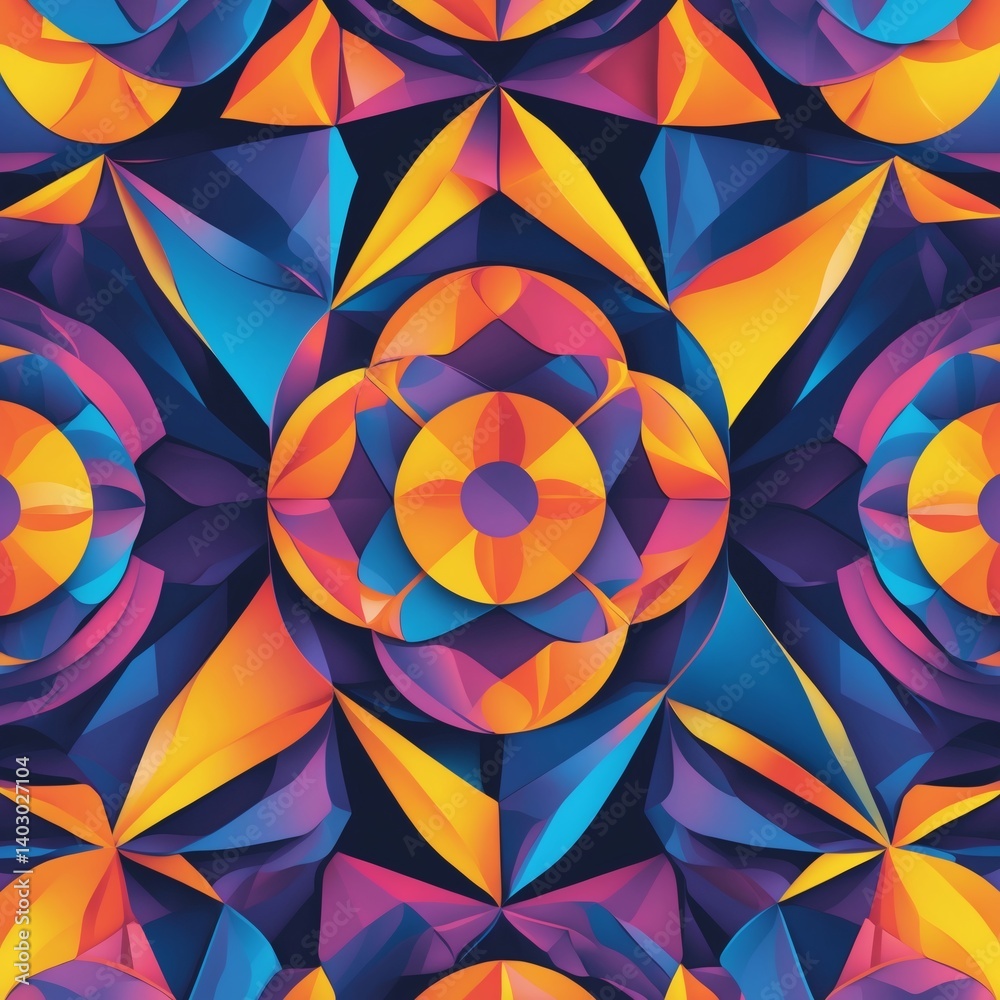Poster abstract geometric kaleidoscope pattern with vibrant colors creating a symmetrical design. The kaleidoscope effect and vibrant hues create a sense of dynamic visual complexity