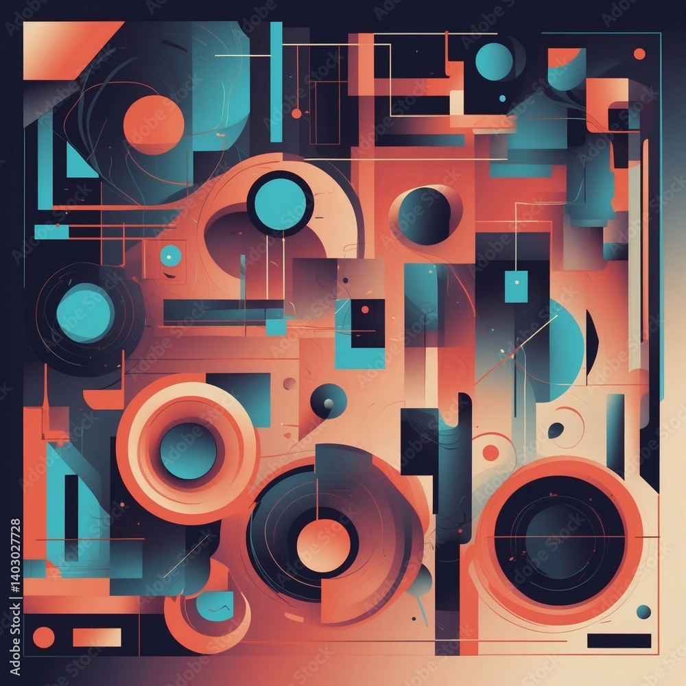 Poster abstract geometric art with teal and orange shapes. a vibrant, modern design with overlapping circle