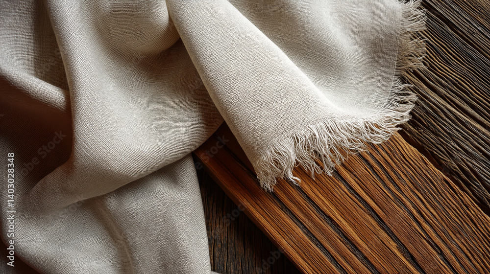 Poster beige fabric with fringed edge draped on brown wood, showcasing texture and simplicity, suggesting c