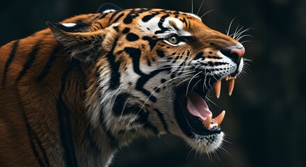 Obraz premium AI image captures a dramatic close-up profile of a tiger roaring fiercely, showcasing sharp fangs and intense eyes against dark background.