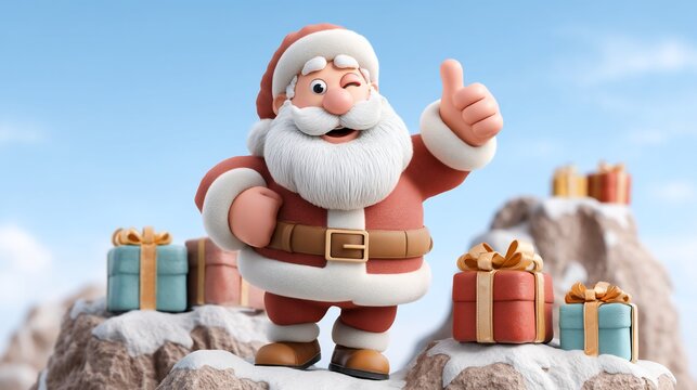 Jolly Santa Claus gives thumbs up atop snowy mountain with gifts