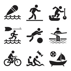 Black icons representing different sports and water activities