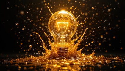 A glowing light bulb surrounded by a dynamic splash of gold liquid, creating an energetic and vibrant atmosphere.