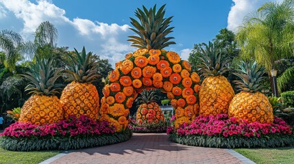 Pineapple arch floral display, botanical garden, sunny day, festival backdrop