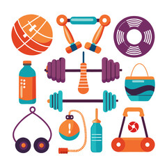 Colorful gym equipment illustration on a white background