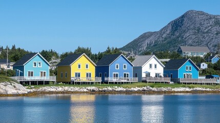 A row of colorful houses on stilts over water, with a mountain in the background.