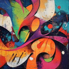 Bright colorful graffiti wall art, top-down view, moody tone