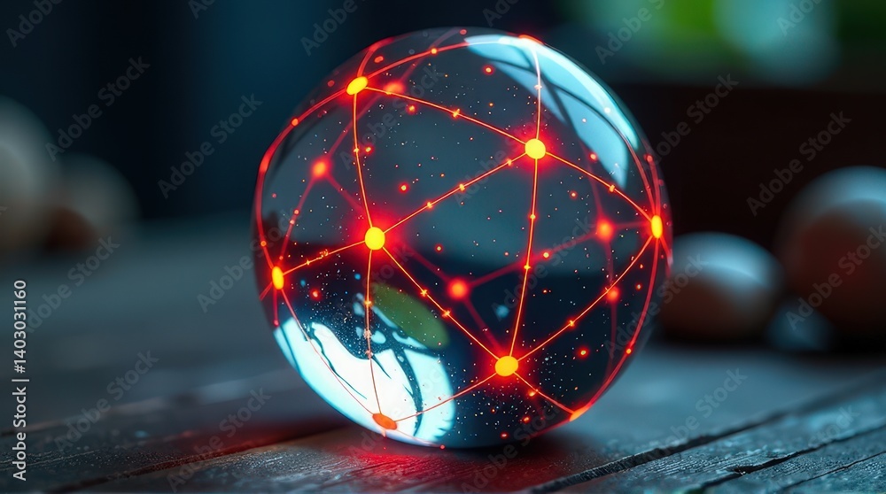 Wall mural abstract glowing network sphere with red nodes on dark background.