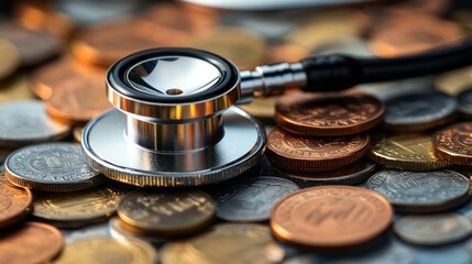The stethoscope lies on a varied collection of coins, highlighting the financial aspects of healthcare and the burden of medical bills