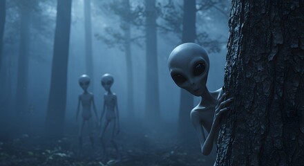 AI image portrays a classic grey alien peeking from behind a tree in a foggy forest, with other aliens nearby.