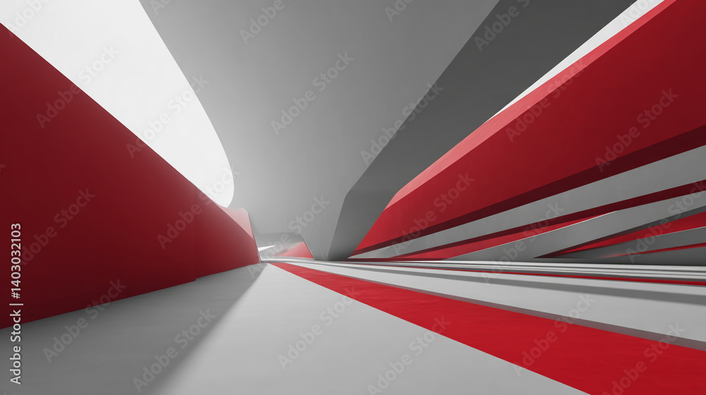Poster Abstract architectural rendering featuring red and grey geometric shapes creating a dynamic, modern design showcasing space and form, ideal for a contemporary background