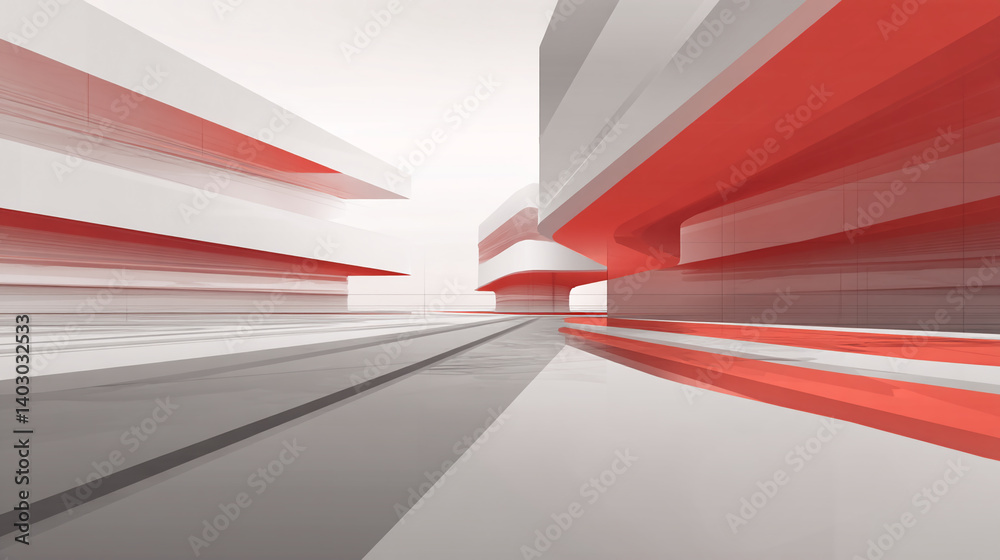 Poster Abstract architectural rendering featuring white and red geometric structures, highlighting a modern, minimalist design that symbolizes innovation and futuristic architecture, ideal for presentations 