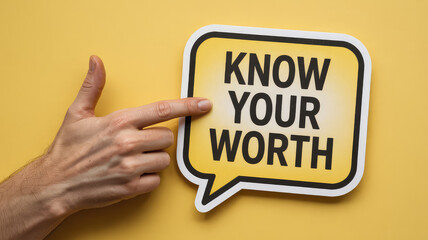 Know Your Worth: A hand points towards a speech bubble declaring "Know Your Worth" on a yellow background, conveying a message of self-esteem, empowerment, and valuing oneself.