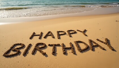 Fototapeta premium Happy Birthday written in sand on a beach 