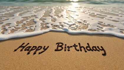 Fototapeta premium Happy Birthday message written in sand by the ocean waves 