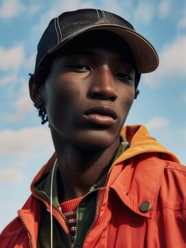 Portrait of young man in orange jacket and cap

