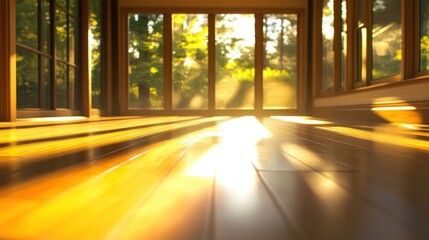Sunlight streaming through large windows into a wooden floored room