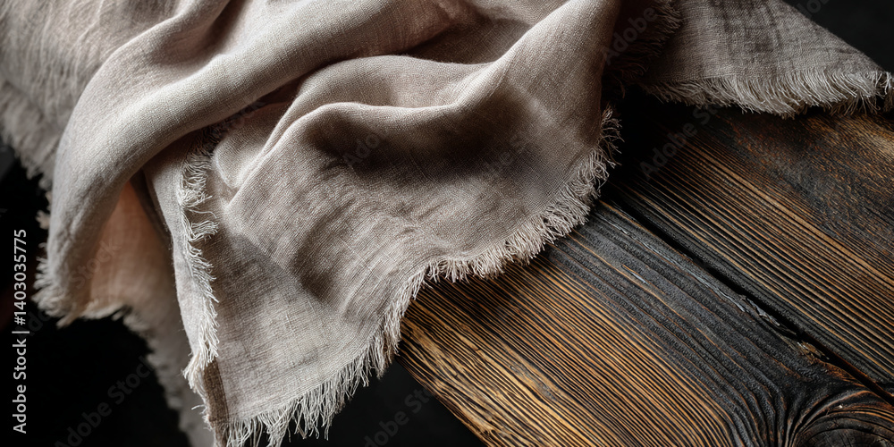 Poster Beige fabric with frayed edges draped on dark wood, showcasing texture and creating a rustic, minimalist scene with free space for text or product display