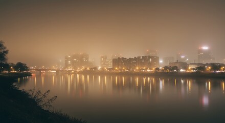 Obraz premium Foggy Cityscape at Night Urban River Reflection Night Lights