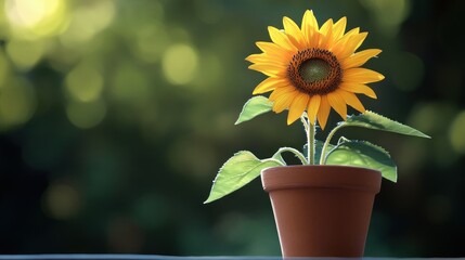 Obraz premium A vibrant sunflower in a terracotta pot in sunlight