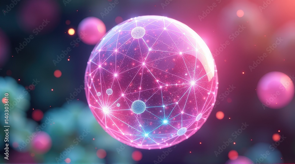Wall mural abstract network sphere with glowing lines and nodes in a vibrant pink and blue gradient.
