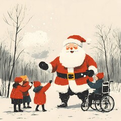 Mid-century drawing of Santa Claus engaging with children in winter wonderland