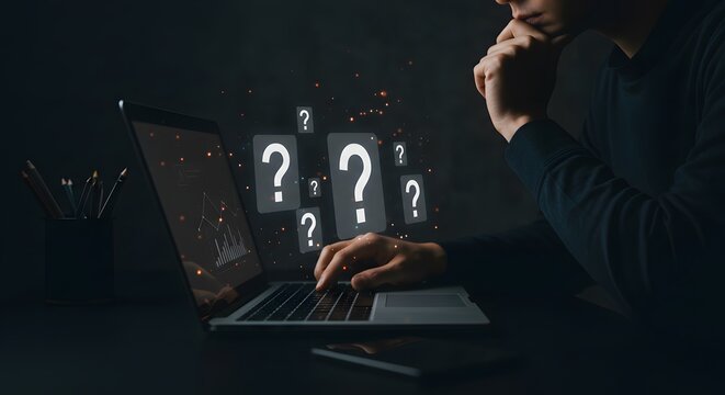 AI image depicting a person thoughtfully looking at a laptop screen with multiple floating question mark icons emerging, representing online queries.