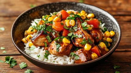 A vibrant meal featuring tender chicken, fresh vegetables, corn, and aromatic herbs served on a bed of fluffy rice, embodying a healthy and appetizing cuisine.