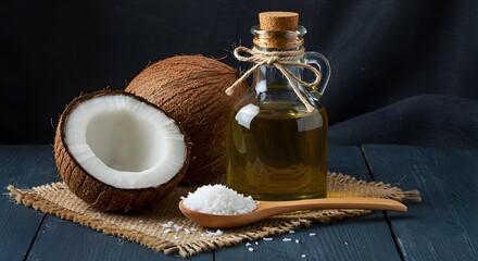 ai image showcasing pure coconut oil in a clear glass bottle, accompanied by fresh coconuts and white flakes on rustic burlap.
