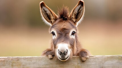 Fototapeta premium A charming young donkey peeks over a rustic fence, its expressive eyes and adorable face capturing the gentle spirit of rural life and the beauty of nature.
