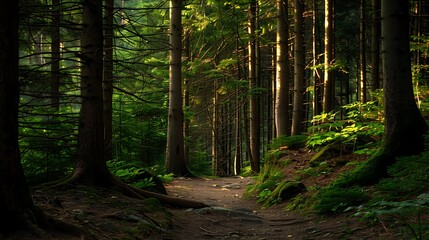 Fototapeta premium Sunlight filtering through a dense forest path.