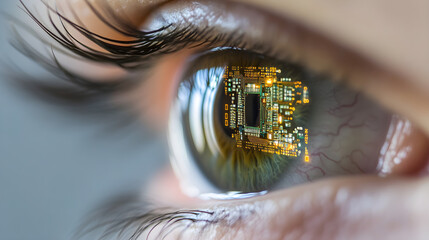 Close-up of human eye with digital circuit board reflection