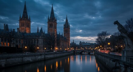 Obraz premium Gothic Architecture Cityscape at Dusk Canal Reflections Night Lights