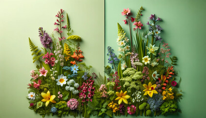 Obraz premium Creative floral composition on a soft green background with colorful decorative flowers and leaves. spring themes, eco design, nature-inspired layouts, greeting cards. Seasonal promotions.