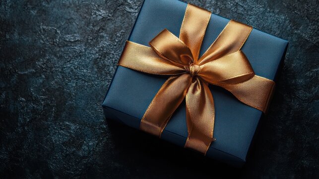 Navy gift box gold ribbon dark background; elegant present, holiday marketing