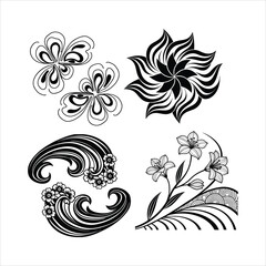 Abstract Flower Wave Line Art Set Black & White Design Collection