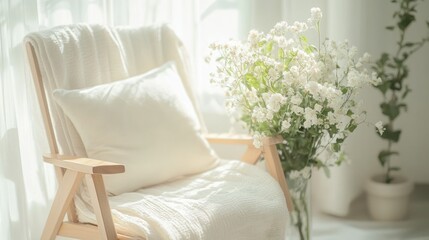 A cozy armchair with a blanket and a vase of flowers