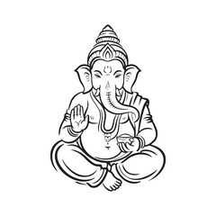 Hindu God Ganesha Line Art Sitting In Meditation Pose Black And White