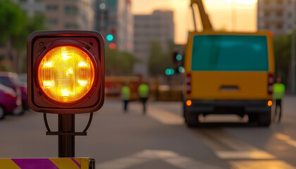 Traffic light signals caution in busy urban setting, with construction vehicle in background. warm glow of light adds sense of urgency to scene