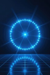 Fototapeta premium Abstract blue glowing circle lights on dark stage background. Futuristic, modern design ideal for presentations, websites, and events.