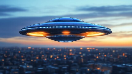 A futuristic flying saucer hovers over a cityscape at dusk