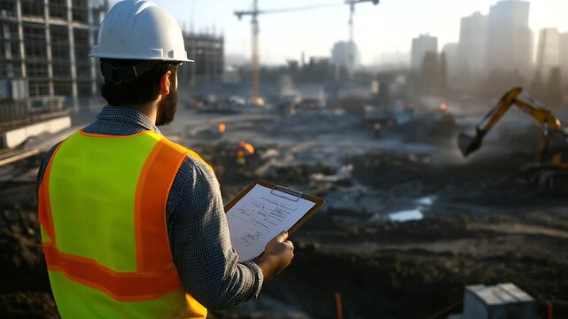 A construction supervisor in a reflective vest and helmet inspects a massive structure under development. His gaze follows the movement of a crane lifting materials to the upper fl