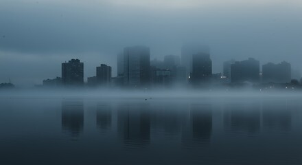 Misty Cityscape Skyline Reflection at Dawn