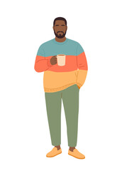 Black man with a beard, dressed in a bright color-blocked sweater, moccasins and chinos, holding a coffee mug. Colorful flat vector illustration isolated on transparent background