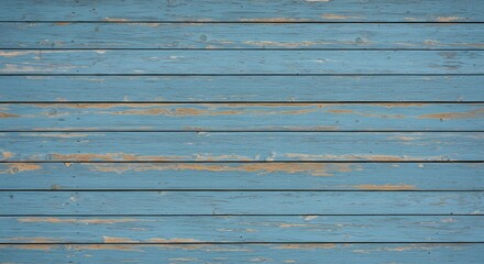Obraz premium AI image displaying a background texture of weathered horizontal wooden planks with distressed, peeling blue paint revealing the underlying natural wood.
