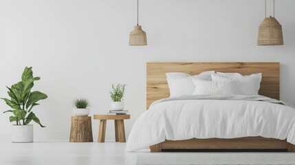 A minimalist bedroom interior design with neutral colors and plants